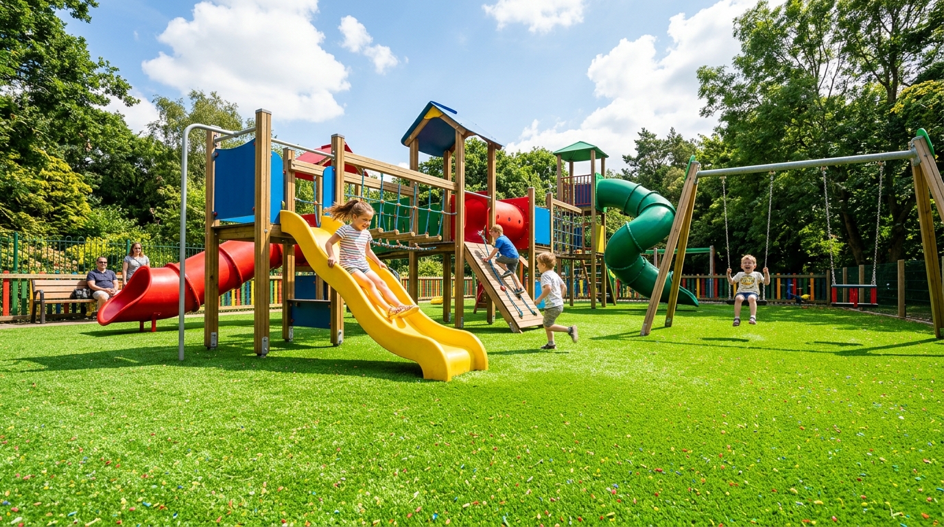 Zona de juego infantil con césped artificial en Tenerife