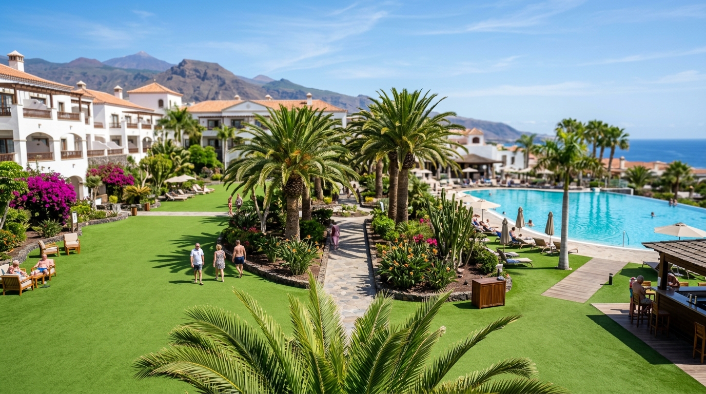 Zona común de alojamiento turístico con césped artificial en Tenerife